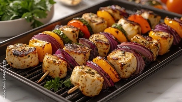 Fototapeta Grilled Skewers Featuring Colorful Vegetables and Seasoned Chicken