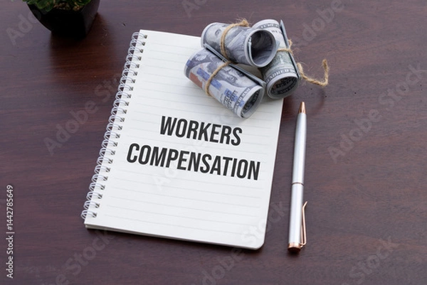 Fototapeta  A notebook labeled "Workers Compensation" accompanied by cash, symbolizing financial planning and legal considerations, rests on a rustic wooden table.