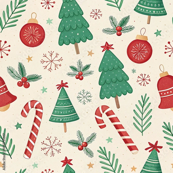 Fototapeta Seamless Christmas Pattern with Candy Canes, Trees, Ornaments, and Holiday Elements

