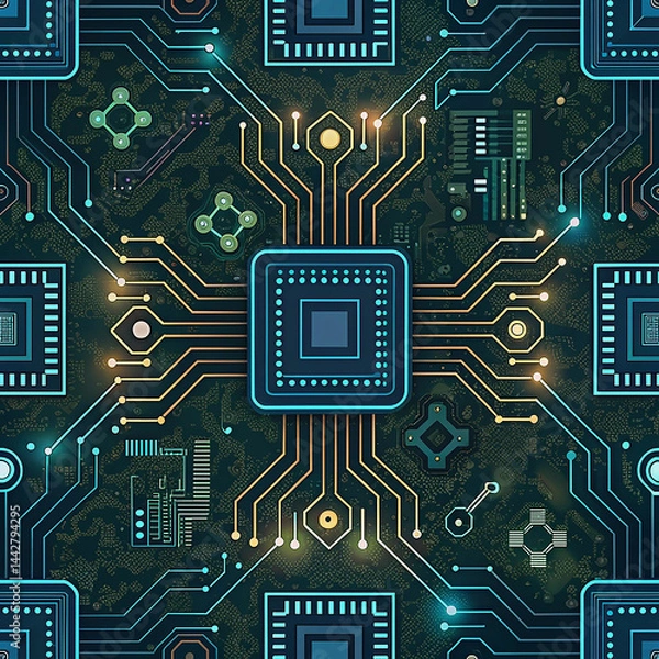 Fototapeta Futuristic Microchip on Digital Circuit Board with Glowing Blue Lines

