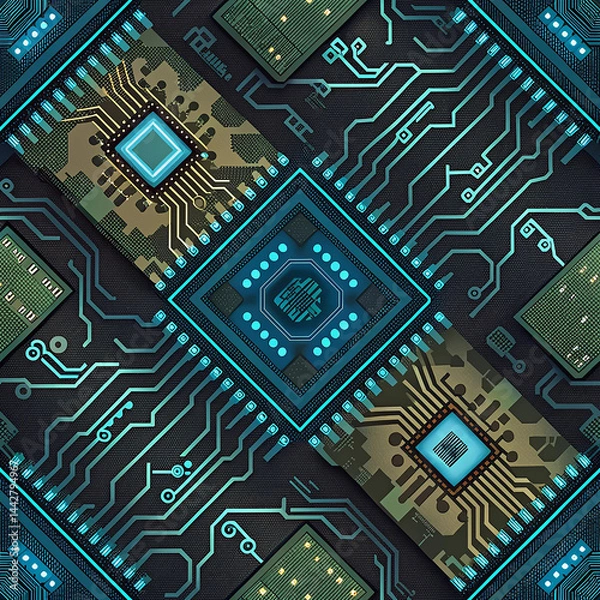 Fototapeta Futuristic Microchip on Digital Circuit Board with Glowing Blue Lines

