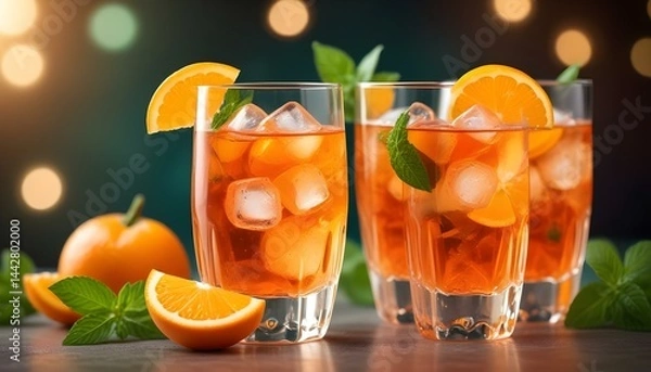 Fototapeta A vibrant cocktail featuring orange slices, mint, and ice cubes, perfect for a summer party.