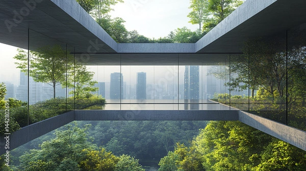 Fototapeta Modern architectural design features elevated platform surrounded by lush greenery and glass