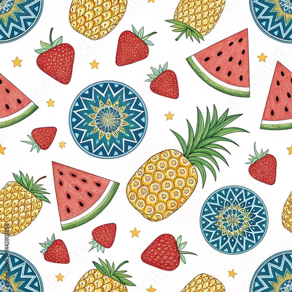 Fototapeta Seamless Pattern of Watermelons, Pineapples, Strawberries, and Citrus Fruits on White Background

