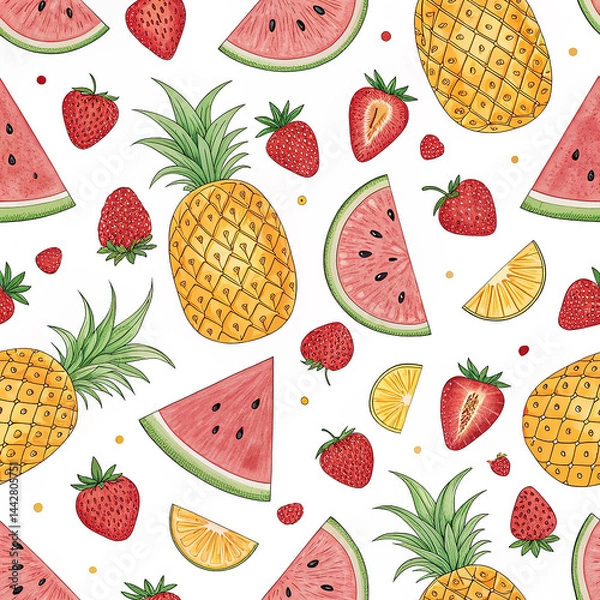 Fototapeta Seamless Pattern of Watermelons, Pineapples, Strawberries, and Citrus Fruits on White Background

