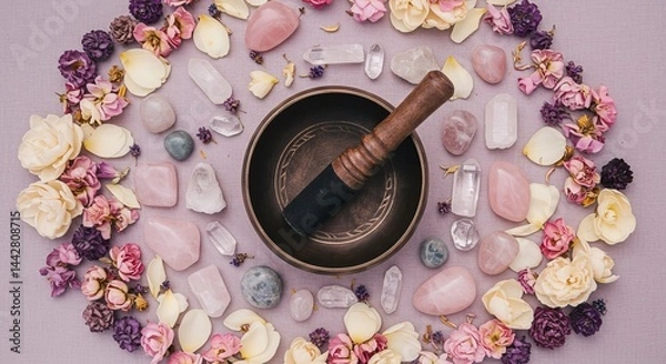 Obraz Top view of singing bowl surrounded by flower petals and crystals