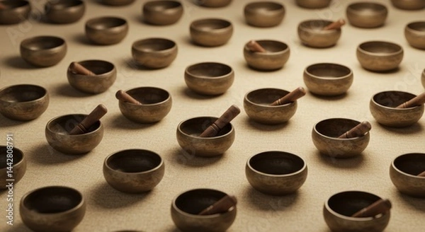 Fototapeta Pattern of small singing bowls on soft beige background