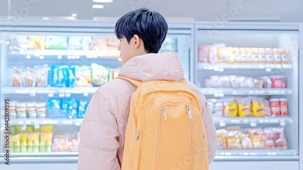 Fototapeta A young man with an orange backpack browses snacks in a brightly lit convenience store