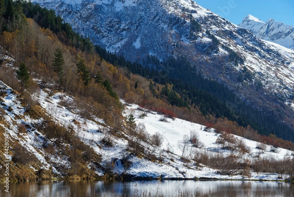 Obraz Landscape with Lake Tumanly-Gel or Tumanly-Kol (Foggy Lake) in valley of Gonachkhir River in Teberdinsky National Park. Dombay, Karachay-Cherkessia, Russia