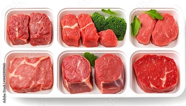 Fototapeta Assorted cuts of fresh red meat, broccoli, and herbs in a white tray