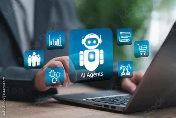 Obraz AI Agents Analyse for Business concept, AI assistants perform goals, Businessman use AI technology, Assistants working to make decisions for industry, New Ideas, Marketing, financial, Automate system