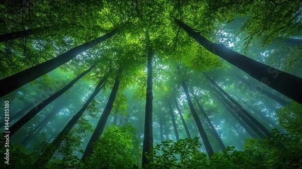 Fototapeta Low-angle view of tall trees in a misty forest, sunlight filtering through canopy.
