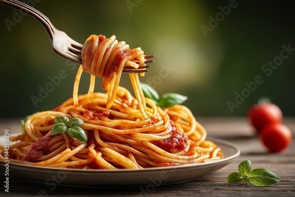 Fototapeta A delicious plate of spaghetti with savory tomato sauce, topped with fresh basil, perfect for Italian cuisine lovers.