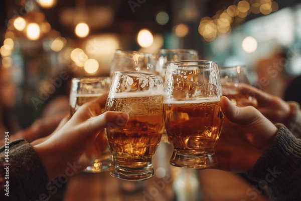 Fototapeta An intimate scene of camaraderie unfolds as friends clink their glasses of golden beer, celebrating moments and creating memories within a warm and inviting environment.