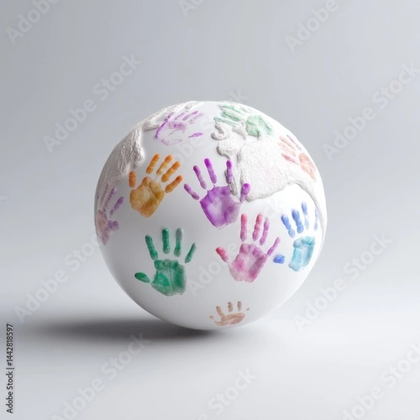 Fototapeta Colorful handprints on white globe representing global unity and diversity Stand For Children Day