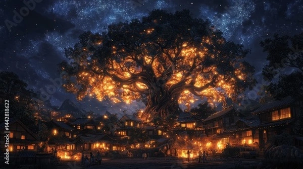 Fototapeta Enchanted Village Under Starry Sky with Radiant Tree and Cozy Homes