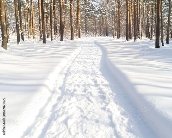 Fototapeta Sunlit path through snowy pine forest; deep snow on either side, showing tire tracks in the center