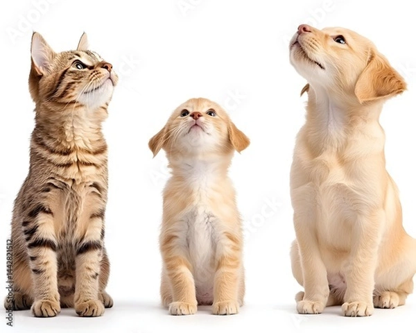 Obraz Three adorable pets, a tabby kitten, a small cream kitten, and a cream-colored puppy, sit side-by-side looking upward against a white background