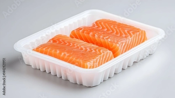 Obraz Two salmon fillets, skinless, in a white plastic tray