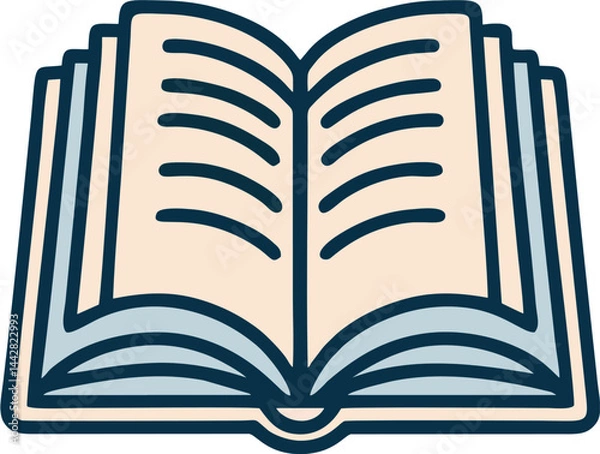 Fototapeta Open book clip art icon with cream colored pages and dark blue outline, viewed from above