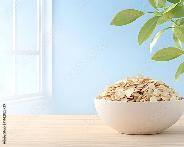Obraz A bowl of rolled oats sits on a light wood surface near a window, bathed in soft sunlight, with a leafy plant in the background