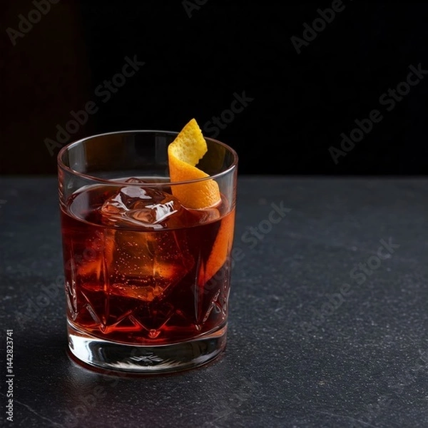 Fototapeta Negroni cocktail on dark stone table. With space for your text