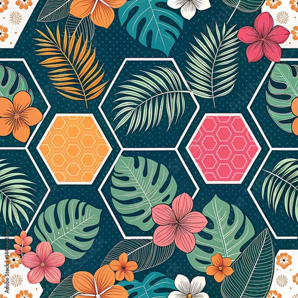 Fototapeta "Seamless Tropical Botanical Pattern with Hexagonal Tiles and Exotic Leaves in Vibrant Colors"

