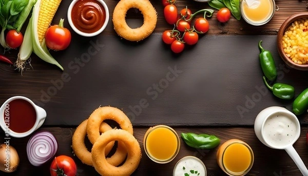 Obraz Appetizers, Dips, and Sauces on a Rustic Wooden Table