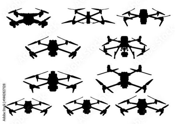 Obraz Fpv drone vector silhouette. Quadrocopter air drones icon set for graphycs.