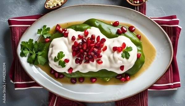 Obraz Chiles rellenos with creamy sauce and pomegranate seeds