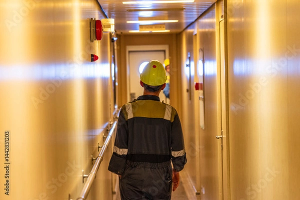 Fototapeta Crew member in blue coverall and yellow helmet seen from behind walking through corridor during a safety drill on a merchant ship - real teamwork and training in action. Real workplace.