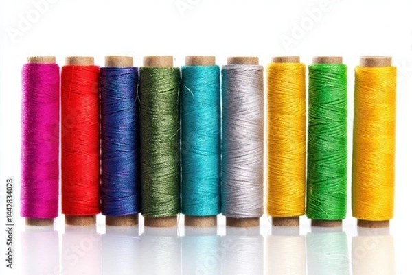 Fototapeta Colorful sewing threads arranged in a row on a white background for crafting and textile projects
