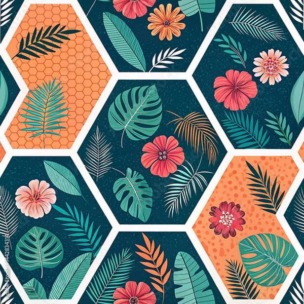 Fototapeta "Seamless Tropical Botanical Pattern with Hexagonal Tiles and Exotic Leaves in Vibrant Colors"

