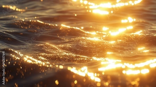 Fototapeta A tranquil sunset scene over the ocean with golden sunlight reflecting off the water, creating a captivating display of sparkling waves in this breathtaking panoramic view.