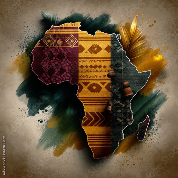 Obraz Map of Africa silhouette showing patchwork of traditional textile patterns on painterly background