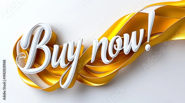 Fototapeta Buy now! message in white 3d script font over a flowing golden ribbon on white