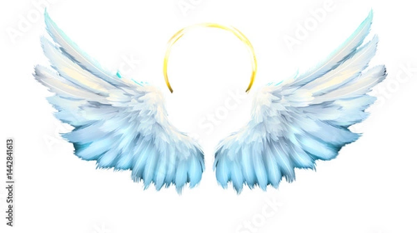 Obraz Large white angel wings shimmering with a great golden eagle, religious luminous angel wings, transparent.