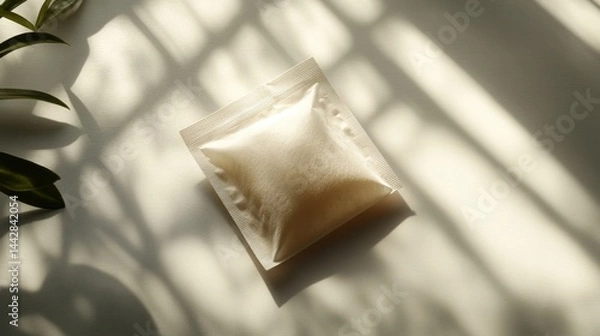 Obraz Tea bag resting on a smooth, light grey background with a soft drop shadow for depth 