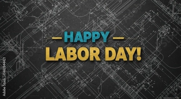 Obraz Happy Labor Day Text on Dark Technical Blueprint Background