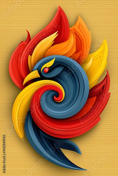 Obraz Stylized swirling bird design resembling paper cutouts in vibrant red, yellow, orange, and blue colors.