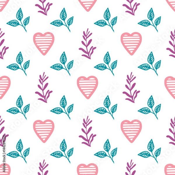 Obraz Seamless pattern with vector leaves and heart. Floral illustration. Can be used for making wallpaper, fabrics and other types of products
