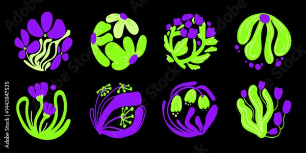 Obraz Set of abstract floral elements in bright purple and green tones on a black background featuring modern stylized plant and flower shapes.Bright Botanical Elements in Modern Style. Vector illustration