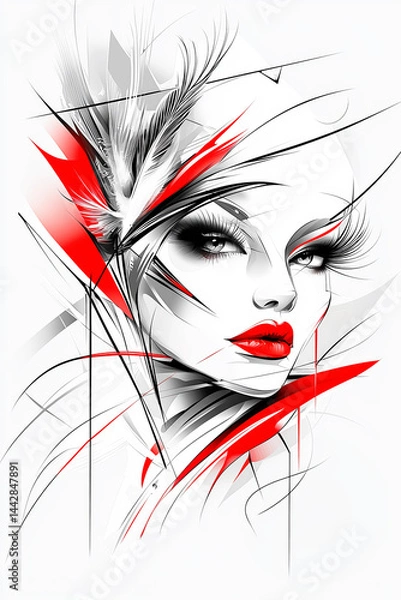 Obraz Modern graphic fashion illustration portrait of a woman's face with dramatic makeup, red lips, and bold abstract accents