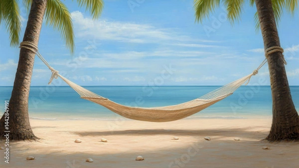 Fototapeta Serene coastal view featuring hammock between palm trees, inviting relaxation and tranquility