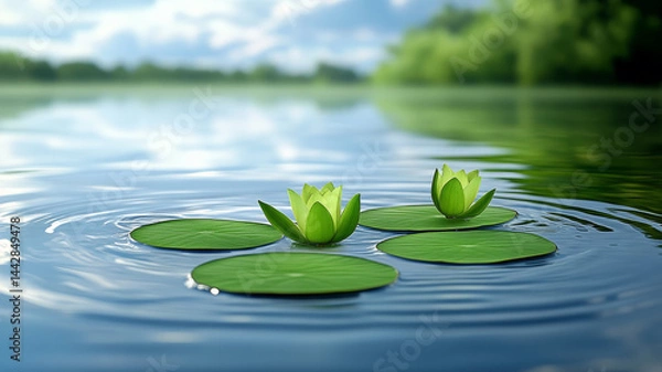 Fototapeta Tranquil scene of water lilies floating on calm lake, surrounded by lush greenery