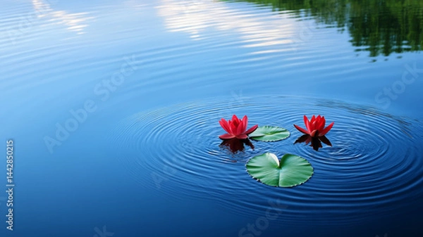 Fototapeta Serene pond with red water lilies floating gracefully on calm water