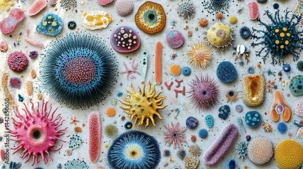 Fototapeta Colorful array of intricate microbes and microscopic organisms