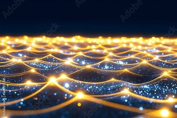 Fototapeta Glowing network, undulating surface of light and dark blue, gold nodes