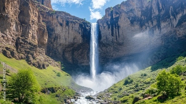 Fototapeta Majestic Waterfall Cascading Through Rocky Cliffs and Green Landscape