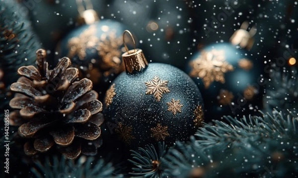 Obraz Christmas background with dark, moody and festive Christmas season elements. Elegant winter ornaments, pine cones, and snowflakes, creating a magical holiday atmosphere. Gifts and pine needles